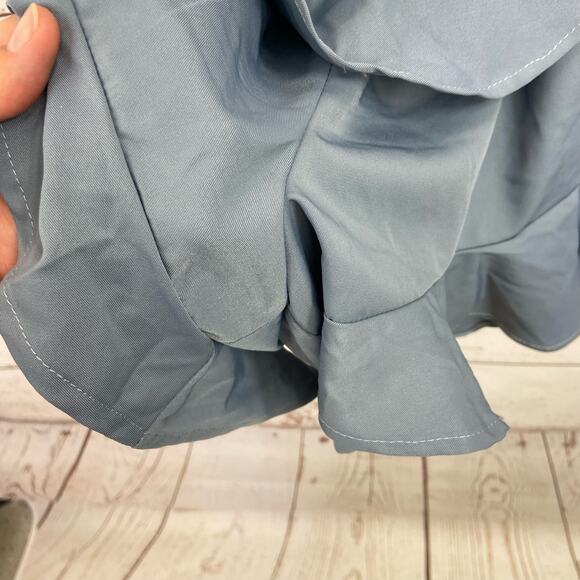 Windsor XS Dusty Blue Ruffle Wrap Vneck Tie Front Short Sleeve Romper Dress - Picture 6 of 9